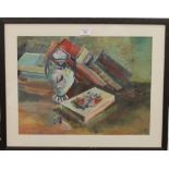 Still Life of Books, watercolour and gouache, indistinctly signed, framed and glazed. 48.5 x 36 cm.