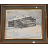KEN SOWELL, North American Cabin, oil on canvas, framed. 49 x 39 cm.
