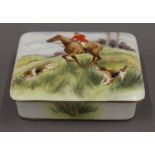 A Royal Crown Derby trinket box, decorated with a hunting scene. 11 cm wide.