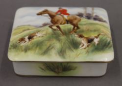 A Royal Crown Derby trinket box, decorated with a hunting scene. 11 cm wide.