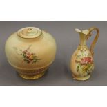 A Royal Worcester lidded vase and a small ewer. The former 13 cm high.