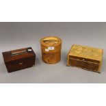 A Victorian mahogany tea caddy and two inlaid boxes. The former 19.5 cm wide.