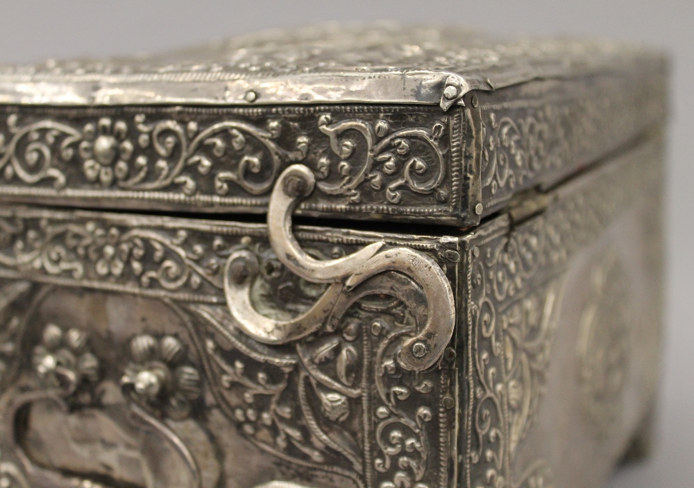 An 18th/19th century Eastern, probably Persian unmarked silver clad casket. 25 cm wide. - Image 8 of 9
