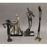 Three various bronze sculptures and a painted terracotta sculpture. The largest 39 cm high.