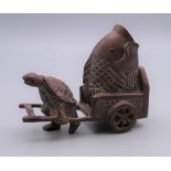 A Japanese carved wooden turtle and fish. 8 cm long.