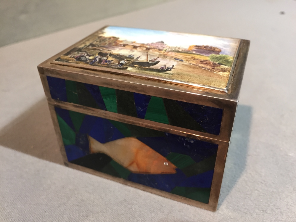 A Russian silver malachite, lapis and agate inset box, the hinged lid painted with a river scene, - Image 2 of 8