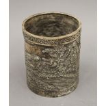 A Chinese white metal brush pot. 12.5 cm high.