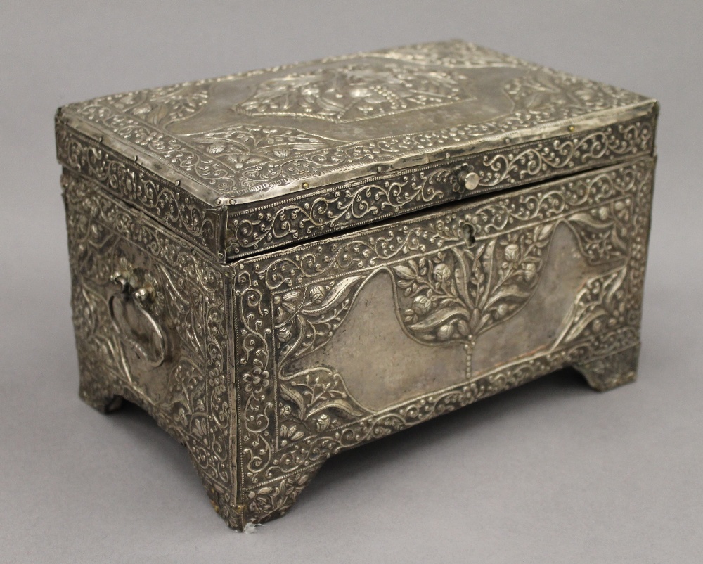 An 18th/19th century Eastern, probably Persian unmarked silver clad casket. 25 cm wide. - Image 3 of 9