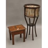 A small carved box stool and a work basket. The latter 74.5 cm high.