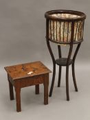 A small carved box stool and a work basket. The latter 74.5 cm high.