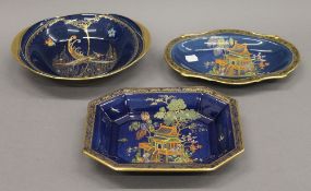 Three Carltonware chinoiserie dishes. The smallest 26 cm wide.