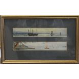 Two late 19th/early 20th century Japanese watercolours, housed in a frame. 42.5 x 27 cm overall.
