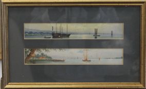 Two late 19th/early 20th century Japanese watercolours, housed in a frame. 42.5 x 27 cm overall.