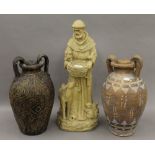 Two papier mache vases and a resin figure of a monk. The latter 55 cm high.