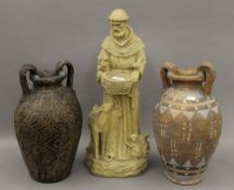 Two papier mache vases and a resin figure of a monk. The latter 55 cm high.