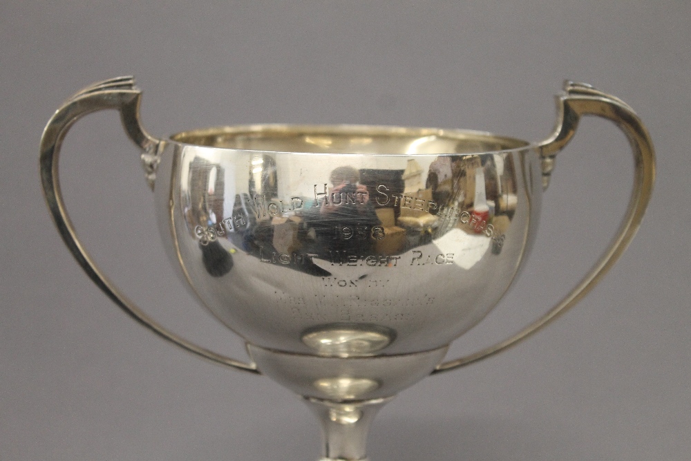 An engraved silver trophy cup on stand. 28 cm high overall. 13.6 troy ounces. - Image 3 of 5