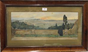 J LUDOVICI (Pre-Raphaelite), Terrace Scene, watercolour, signed, framed and glazed. 55 x 23 cm.