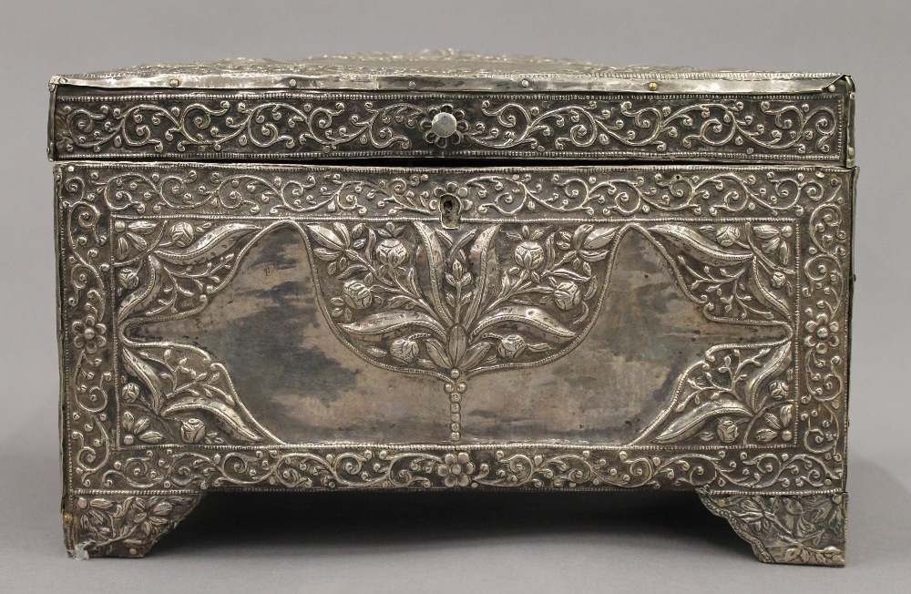 An 18th/19th century Eastern, probably Persian unmarked silver clad casket. 25 cm wide. - Image 2 of 9