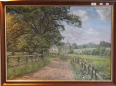 ROGER HEARN, Country Lane with Church Beyond, oil on canvas, signed and dated 1984, framed.