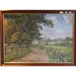 ROGER HEARN, Country Lane with Church Beyond, oil on canvas, signed and dated 1984, framed.