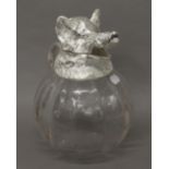 A silver plated boar's head form claret jug. 27 cm high.