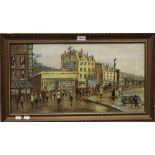 British Street Scene, oil on board, indistinctly signed, framed. 59.5 x 30.5 cm.