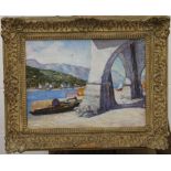 CONTINENTAL SCHOOL, Boats Under Arch, oil on board, framed. 40 x 28 cm.