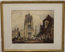 CONTINENTAL SCHOOL, Cathedral and Market Scene, watercolour, framed and glazed. 54.5 x 44 cm.