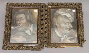 A pair of 19th century pastel portraits, each depicting a gentleman smoking a clay pipe,