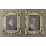 A pair of white framed miniatures. 14.5 cm high.