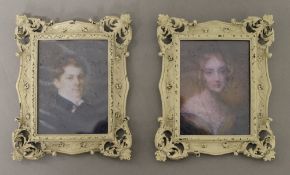 A pair of white framed miniatures. 14.5 cm high.