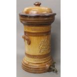 A Doulton & Watts large salt glazed water filter, circa 1860, with lid and brass tap. 48 cm high.