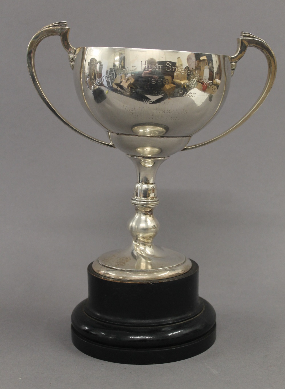 An engraved silver trophy cup on stand. 28 cm high overall. 13.6 troy ounces. - Image 2 of 5