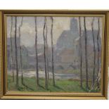 J STUKER, French River before a Town, oil, signed and dated 28, framed. 38.5 x 31 cm.