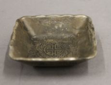 A Chinese small square white metal dish. 7.5 cm wide.