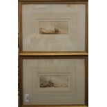 A pair of 19th century watercolours, Fishing Boats on the Beach, framed and glazed. Each 14 x 6 cm.