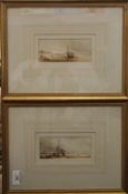 A pair of 19th century watercolours, Fishing Boats on the Beach, framed and glazed. Each 14 x 6 cm.