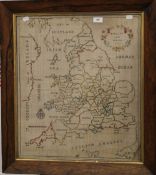 An 18th century needlework map of England and Wales, dated 1785, framed and glazed. 51.5 x 59.5 cm.