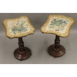 A pair of Victorian mahogany side tables with gilt framed painted tops. Each 60.5 cm high.