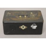 A Victorian chinoiserie money box. 12 cm wide.