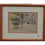 THOMAS LO, Hong Kong Trams, watercolour, signed, framed and glazed. 17 x 12 cm.