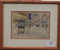 THOMAS LO, Hong Kong Trams, watercolour, signed, framed and glazed. 17 x 12 cm.