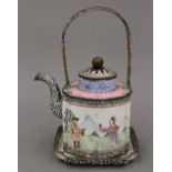 An 18th century Chinese enamel teapot and stand decorated with European figures.