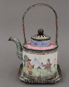 An 18th century Chinese enamel teapot and stand decorated with European figures.