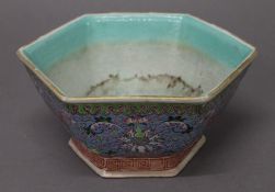 A Chinese hexagonal turquoise and blue bowl. 21 cm diameter.