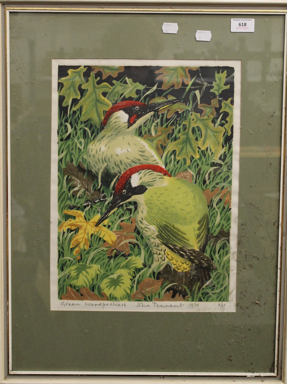 JOHN TENNENT, Green Woodpeckers, limited edition print, numbered 8/65, signed and dated 1970, - Image 4 of 5