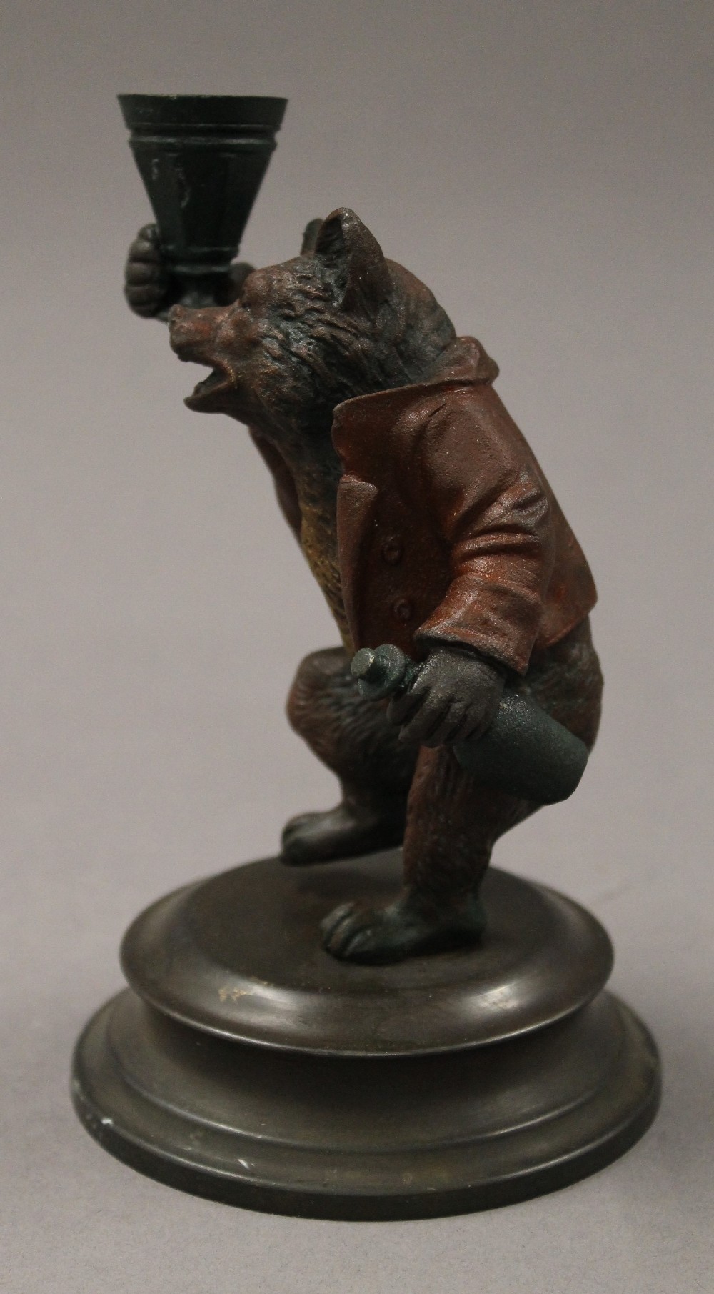 A pair of painted bronze fox form candlesticks. 16 cm high. - Image 6 of 7