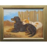 Dogs, oil on board, framed. 19.5 x 14.5 cm.