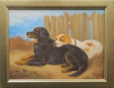 Dogs, oil on board, framed. 19.5 x 14.5 cm.