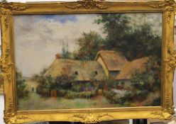 Country Cottage, oil on canvas, indistinctly signed, framed. 73 x 47 cm.